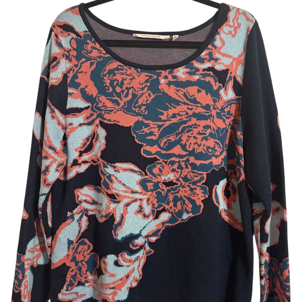 Soft Surroundings Seeds of Spring Floral Knit Sweater Teal Navy Pink - Size L